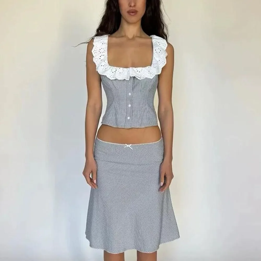 Danielle Guizio blue waffle print Top Skirt Set - Picture 2 of 7